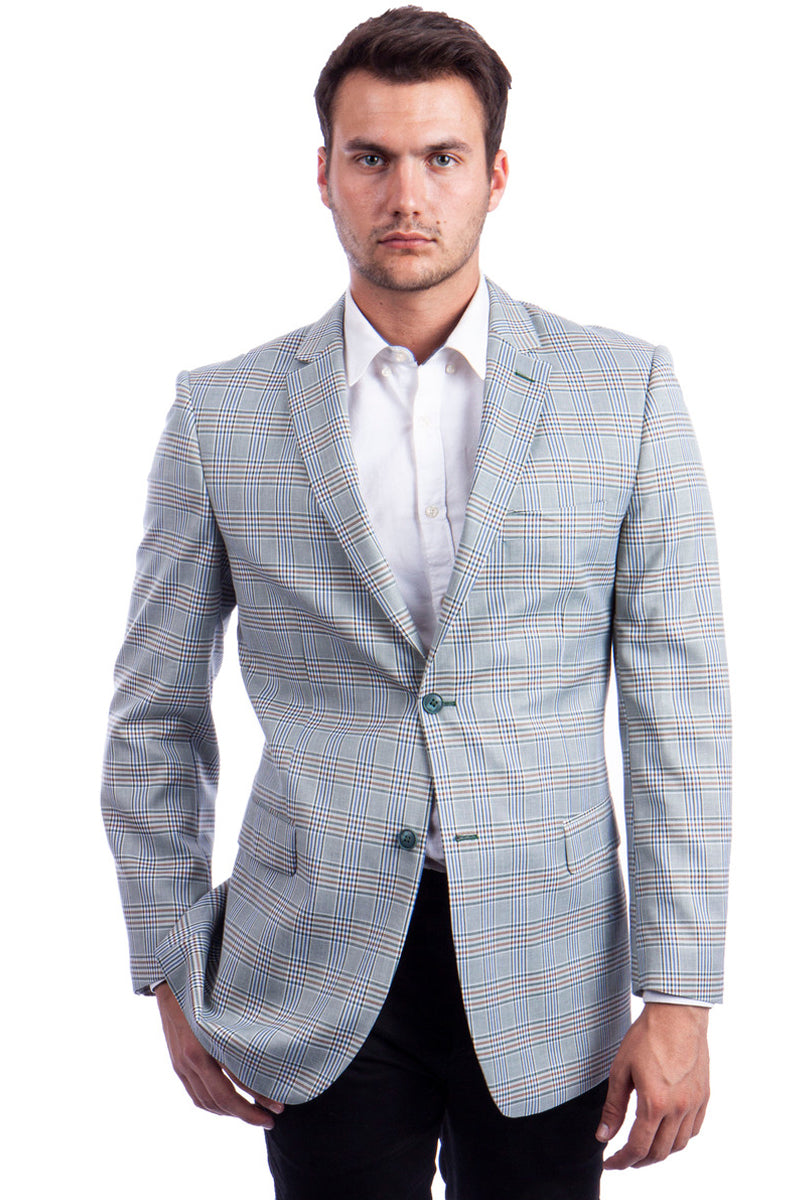 "Regular Fit Men's Sport Coat - Two Button, Blue & Tan Windowpane Plaid"