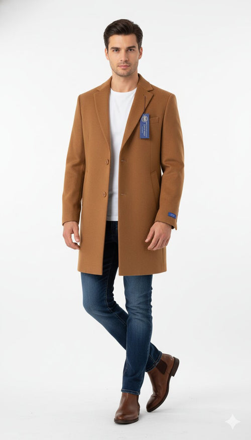 Mens Camel Brown Wool Top Coat Classic Long Overcoat for Formal and Casual Wear in rust copper