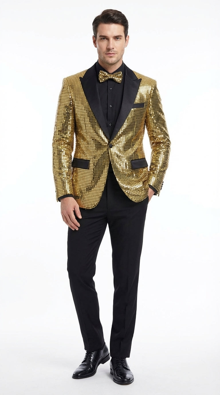 Mens Gold Sequin Blazer with Black Satin Lapel โ Gold Formal Party Blazer Jacket for Prom, Wedding and Stage Events