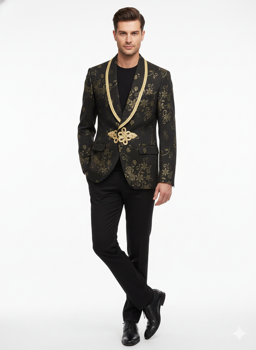 Mens Black and Gold Embroidered Luxury Blazer Designer Floral Pattern Wedding & Party Jacket (Sim534)