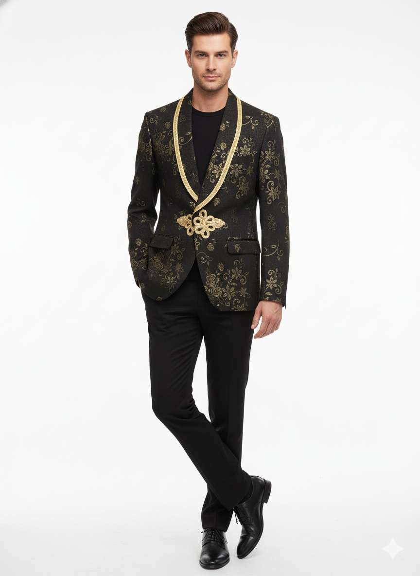 Men’s Black and Gold Embroidered Luxury Blazer – Designer Floral Pattern Wedding & Party Jacket (Sim534) - 36 Short