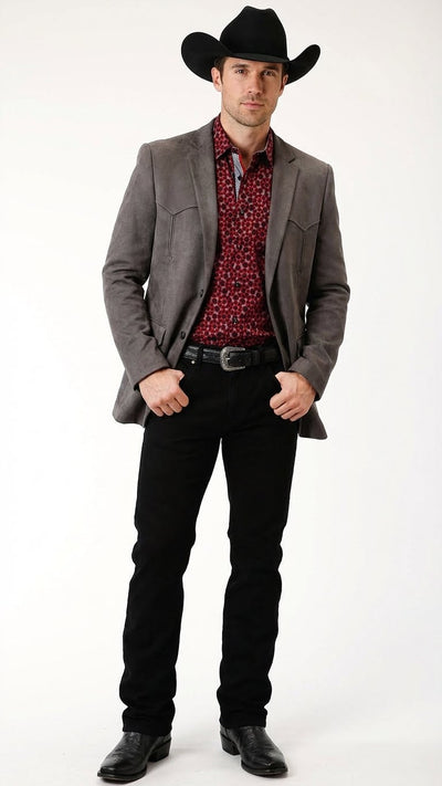 Mens Charcoal Gray Western Faux Suede Blazer Double Button Cowboy Jacket for Wedding & Party Wear