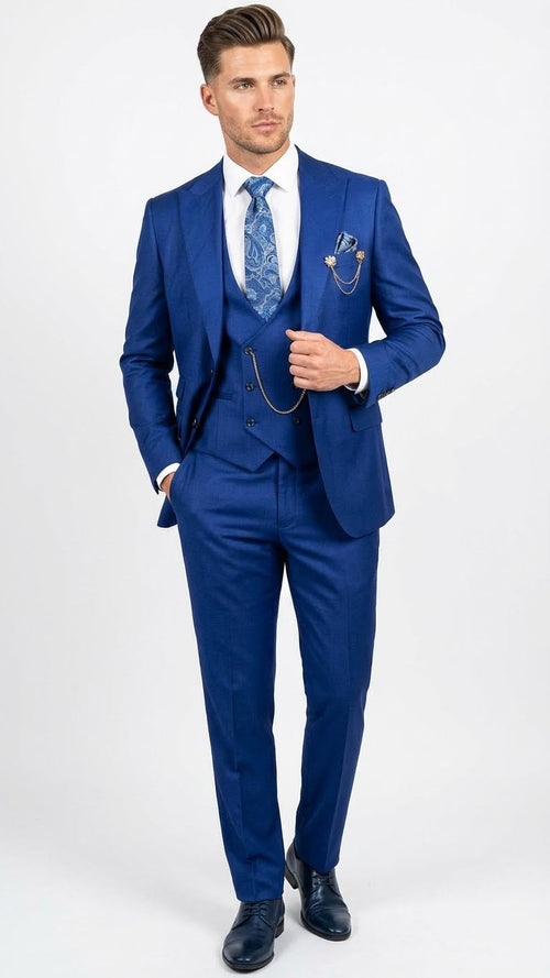Mens Royal Blue 3 Piece Suit Set with Vest Formal Wedding and Party Wear Suit - Saphire Cobalt blue