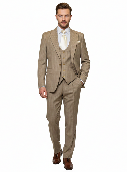 Mens Beige Pinstripe Three-Piece Suit Classic Fit Formal Suit with Vest and Flat-Front Pants in Tan Stripe By Rossiman