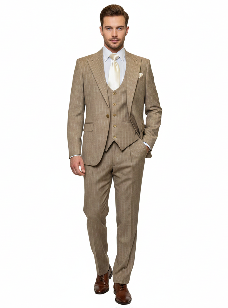 Mens Beige Pinstripe Three-Piece Suit Classic Fit Formal Suit with Vest and Flat-Front Pants in Tan Stripe By Rossiman