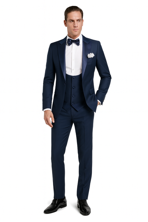 Mens Navy Blue Tuxedo with Satin Peak Lapel with navy sateen – 3 Piece Formal Suit with Vest and Bow Tie
