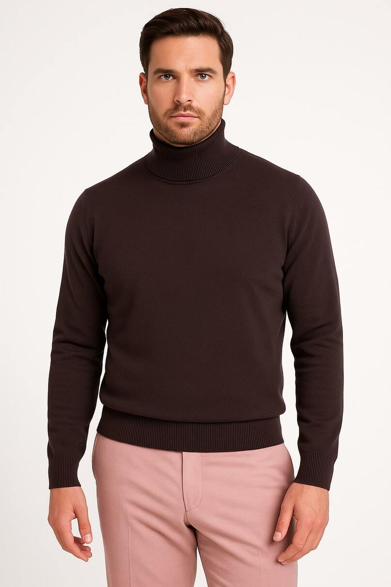 Men's Brown Turtleneck Sweater – Classic Slim Fit Knit Pullover for Fall and Winter - S
