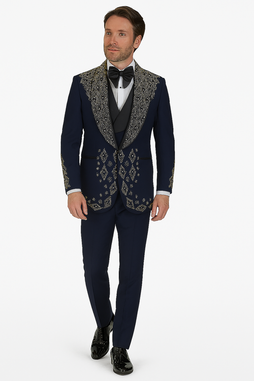 Mens Navy Tuxedo with Gold Embroidery Slim Fit Formal Dinner Jacket with Shawl Lapel