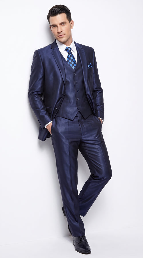 Men's Shiny Navy Blue Sateen 3-Piece Suit – Elegant Wedding, Prom Dress Suit with Matching Vest and Pants Slim Fitted
