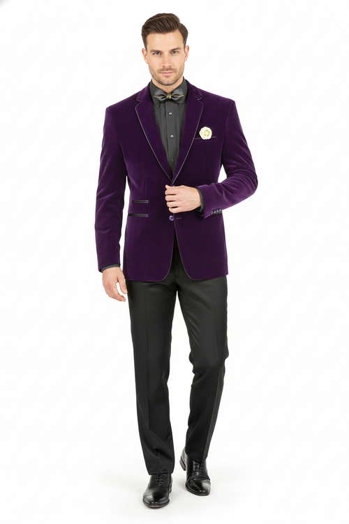 Mens Purple Velvet Blazer Luxury Slim Fit Formal Jacket with Black Satin Trim Tuxedo Dinner Jacket