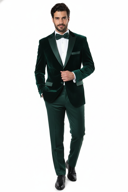 Mens Dark Green Velvet Tuxedo Dinner Jacket Slim Fit Formal Blazer with Satin Peak Lapel Lape