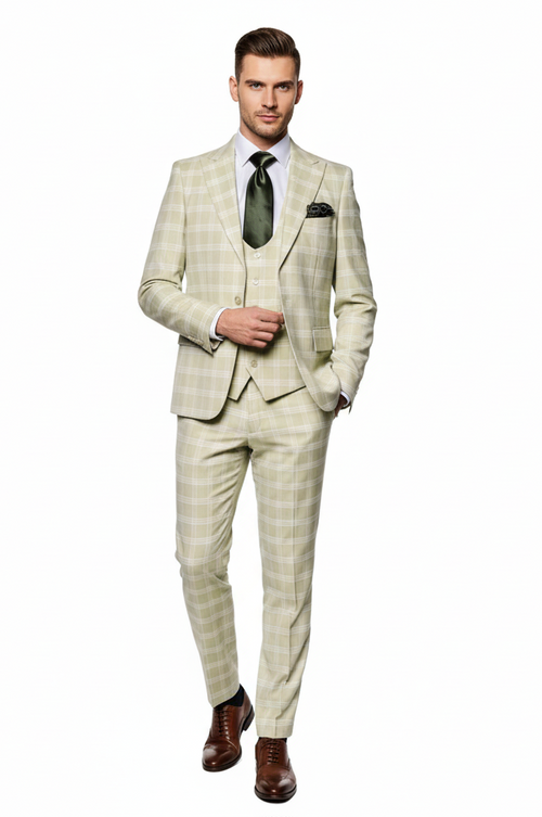 Mens Light Beige Check 3-Piece Suit Set Premium Tailored Fit Formal Wedding and Spring Event Suit Light Tan Sand Color By Rossiman