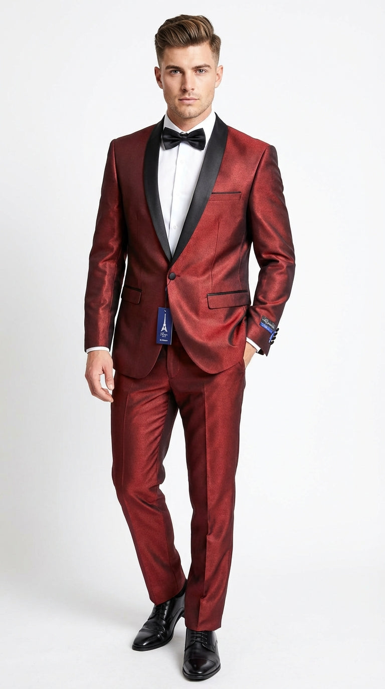Mens Shiny Burgundy Satin Tuxedo Jacket with Black Shawl Lapel | Formal Wedding & Prom Blazer - Sharkskin Fabric