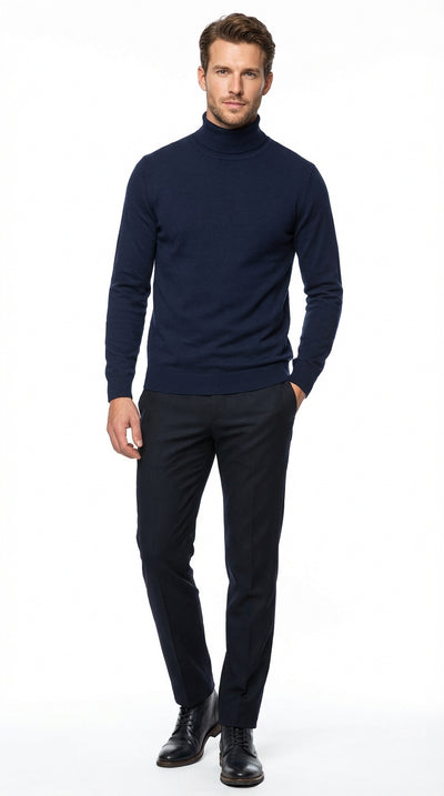 Mens Navy Blue Turtleneck Sweater Pullover | Cotton Blend Long Sleeve Knit Top for Casual & Smart Wear