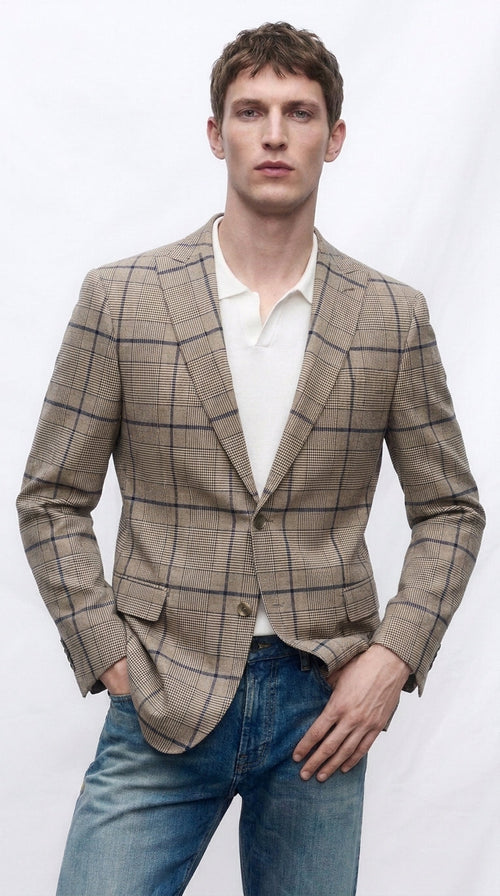 Men’s Tan Beige Peaky Blinders Glen Plaid Blazer English Style Textured Wool Winter Sport Coat Checkered Windowpane