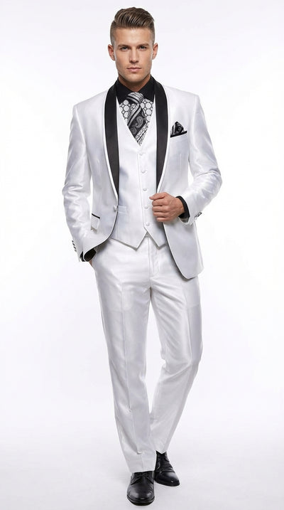 Mens White Shiny Flashy Fabric Tuxedo Suit with Black Shawl Lapel | Luxury Formal Wedding and Evening Suit Sharkskin Metallic Fabric