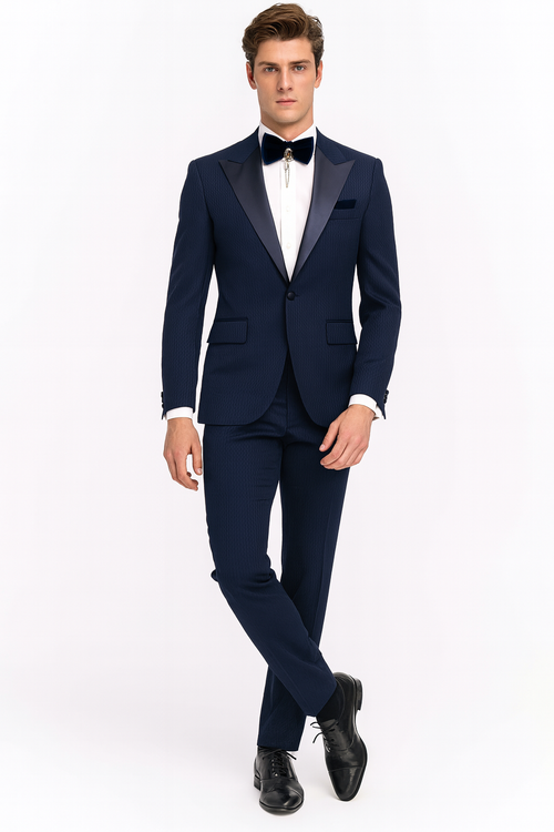 Mens Navy Blue Tuxedo with Satin Peak Lapel With Matching Color Lapel Sateen – Formal 2 Piece Suit