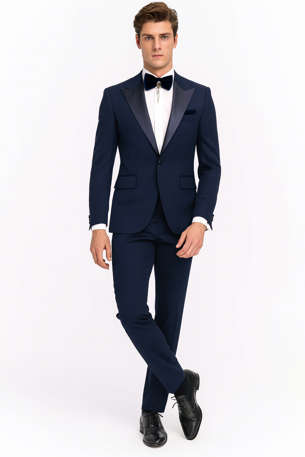 Mens Navy Blue Tuxedo with Satin Peak Lapel With Matching Color Lapel Sateen – Formal 2 Piece Suit