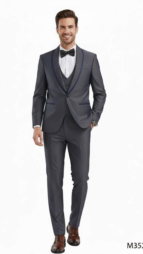 Mens Charcoal Gray with blue Trim Slim Fit 3-Piece Suit Modern Wedding and Business Formal Tuxedo Set