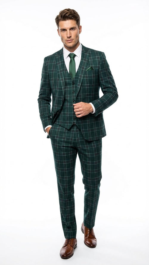Men's Dark Green Plaid 3 Piece Suit Checkered Suit Set for Wedding, Windowpane Tartan Fabric - Ultra Slim Fit