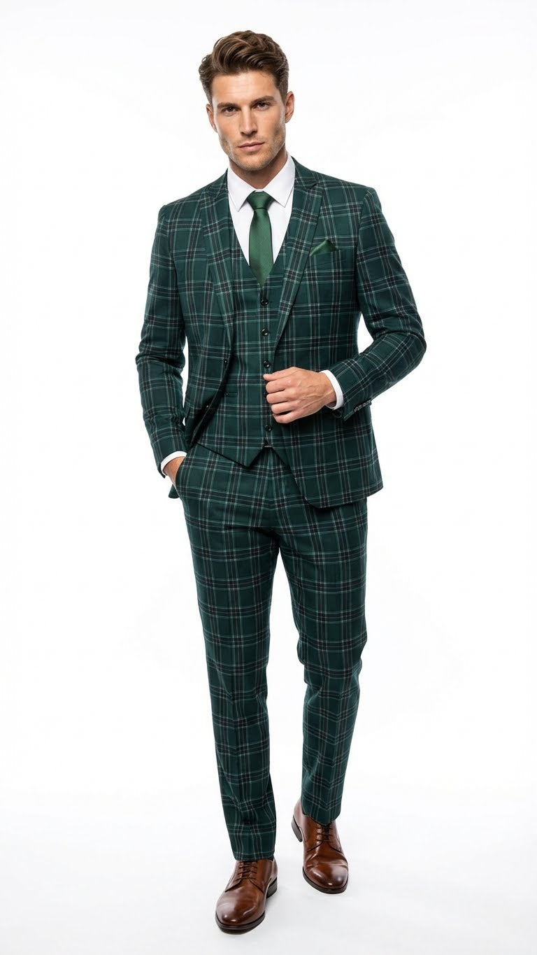 Men's Dark Green Plaid 3 Piece Suit – Checkered Suit Set for Wedding, Windowpane Tartan Fabric - Ultra Slim Fit