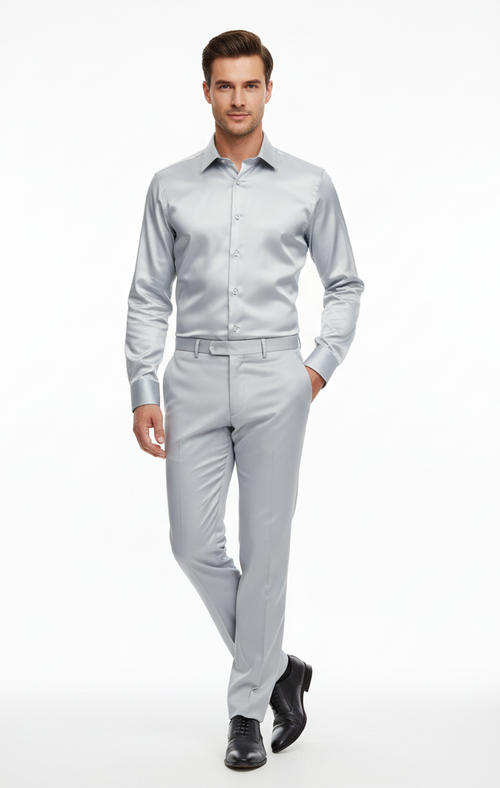 Mens Silver Satin Dress Shirt and Pants Set Luxury Slim Fit Outfit for Parties, Weddings, and Formal Events