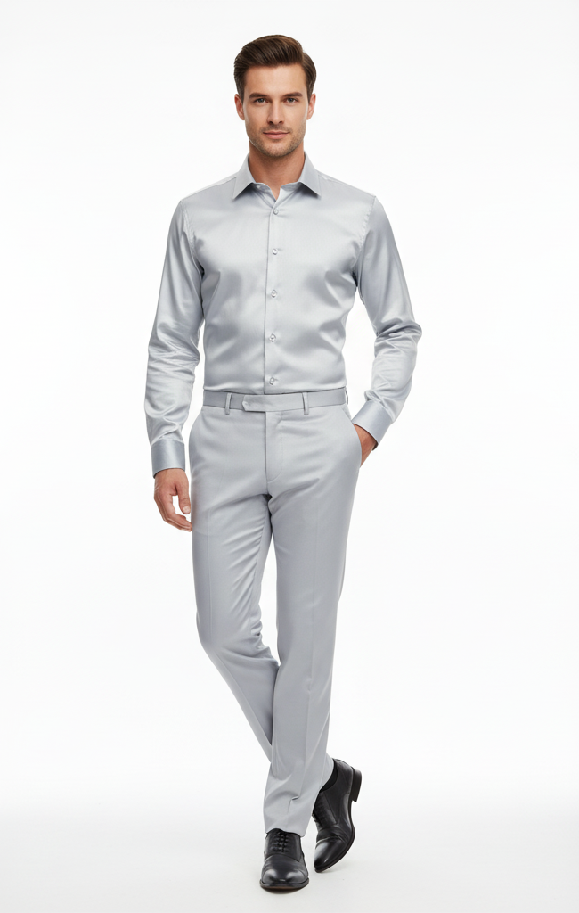 Mens Silver Satin Dress Shirt and Pants Set Luxury Slim Fit Outfit for Parties, Weddings, and Formal Events