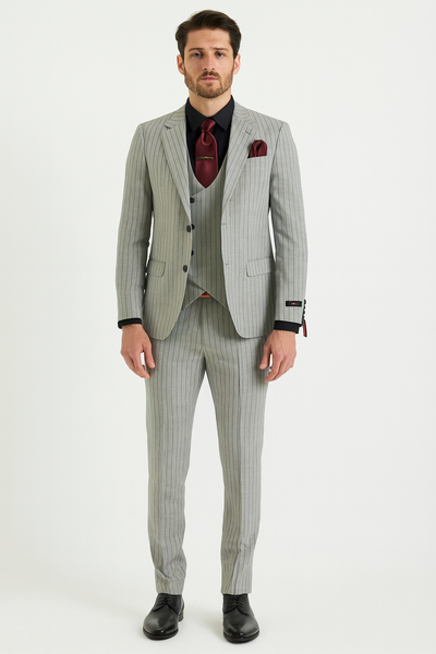 Mens 3-Piece Light Grey Pinstripe Suit with Vest Classic Business, Wedding, and Formal Attire