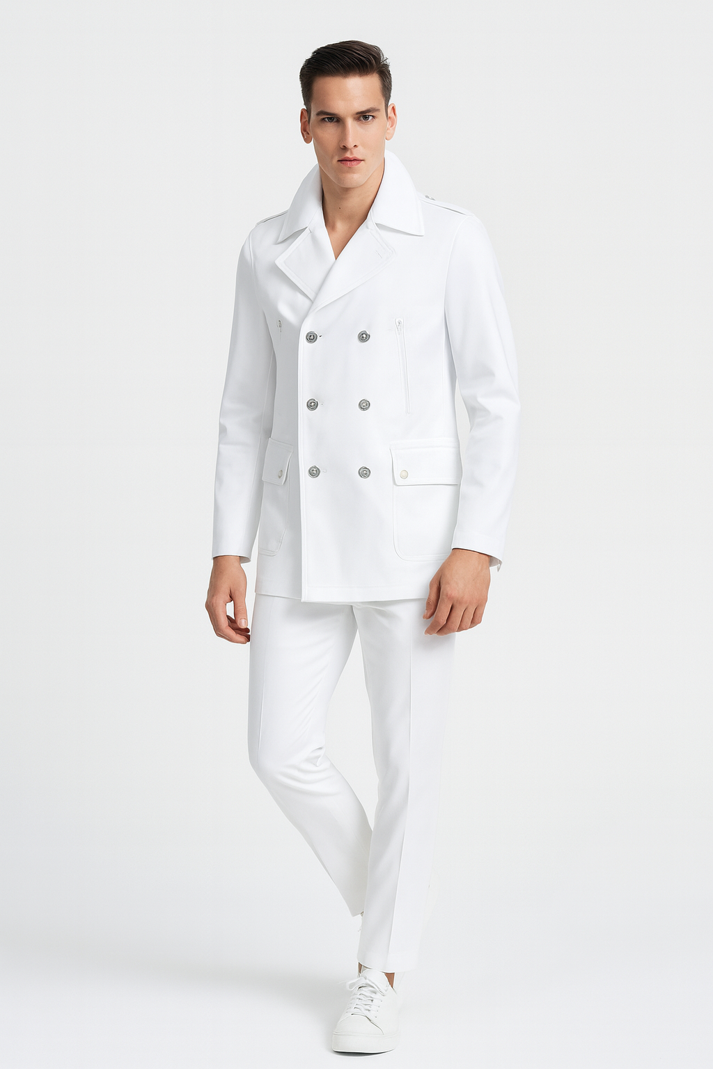 Men’s White Double-Breasted Peacoat Jacket – Classic Stylish Outerwear Wool Fabric Slim Fitted - S