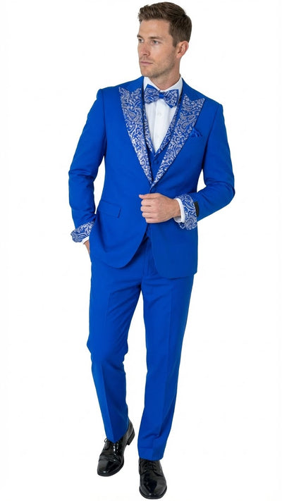 Mens Bright Royal Blue and White lapel Embellished Tuxedo Suit 3-Piece Formal Wedding, Prom, and Gala Outfit