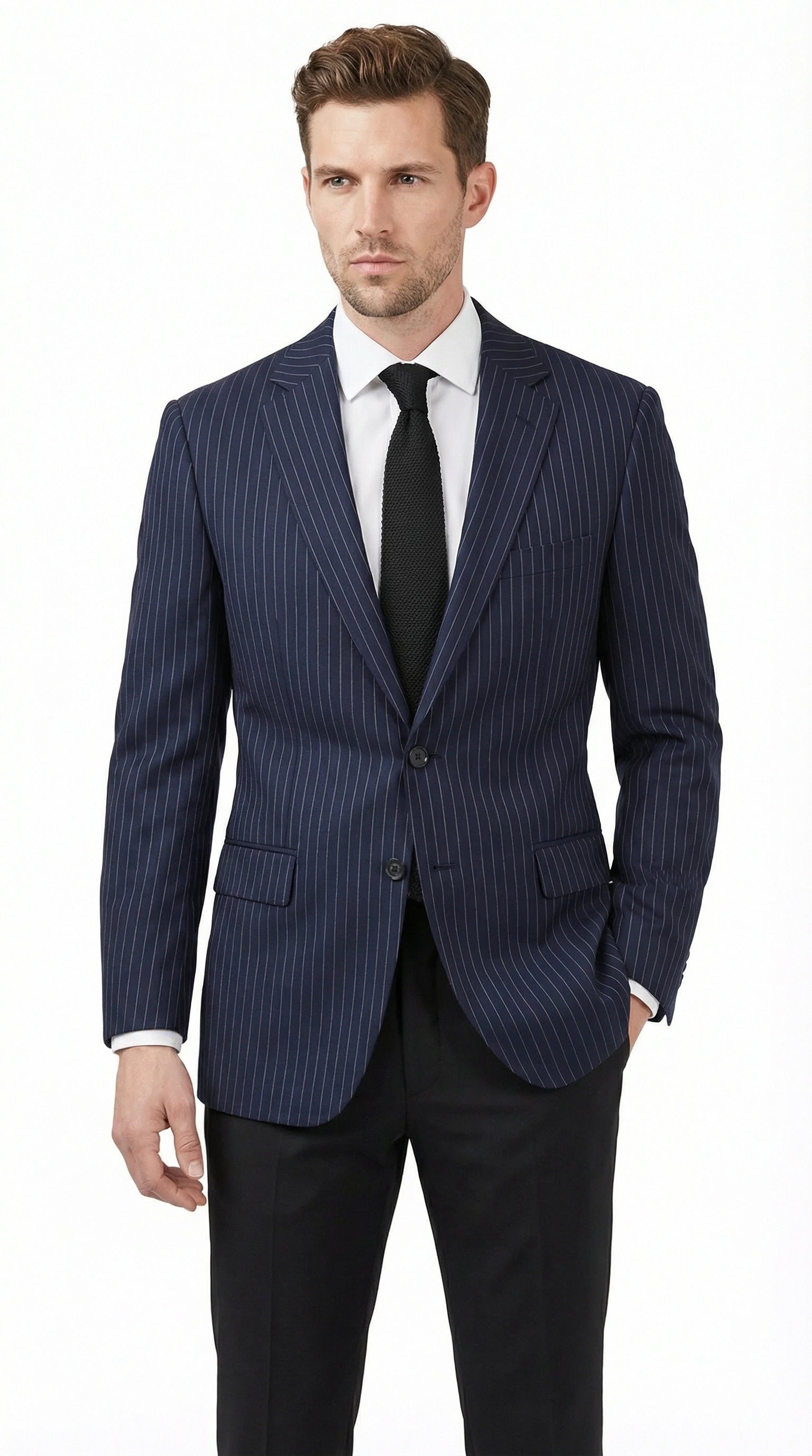 Mens Navy Blue Pinstripe Blazer Classic Tailored Formal Jacket for Business, Office and Professional Wear