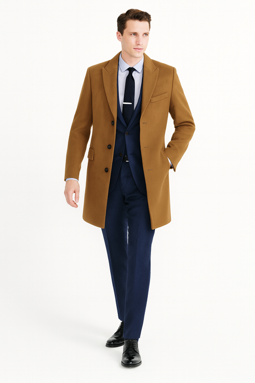 Mens Camel Brown Wool Overcoat – Classic Long Dress Coat for Business and Casual Wear in Vecuna Color