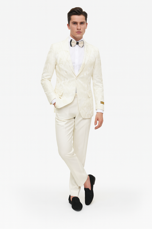 Mens Ivory Floral Embroidered Tuxedo Jacket Elegant Wedding and Party Blazer in Cream Color With Ivory Pants