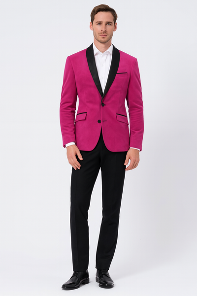 Mens Fuchsia Tuxedo Blazer with Black Satin Lapel – Stylish Party and Wedding Jacket in Hot Pink Color with Black Pants