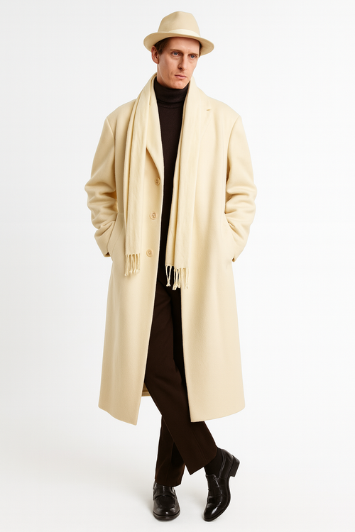 Mens Long Cream Overcoat Wool Fabric in Ivory Off White Color Full length