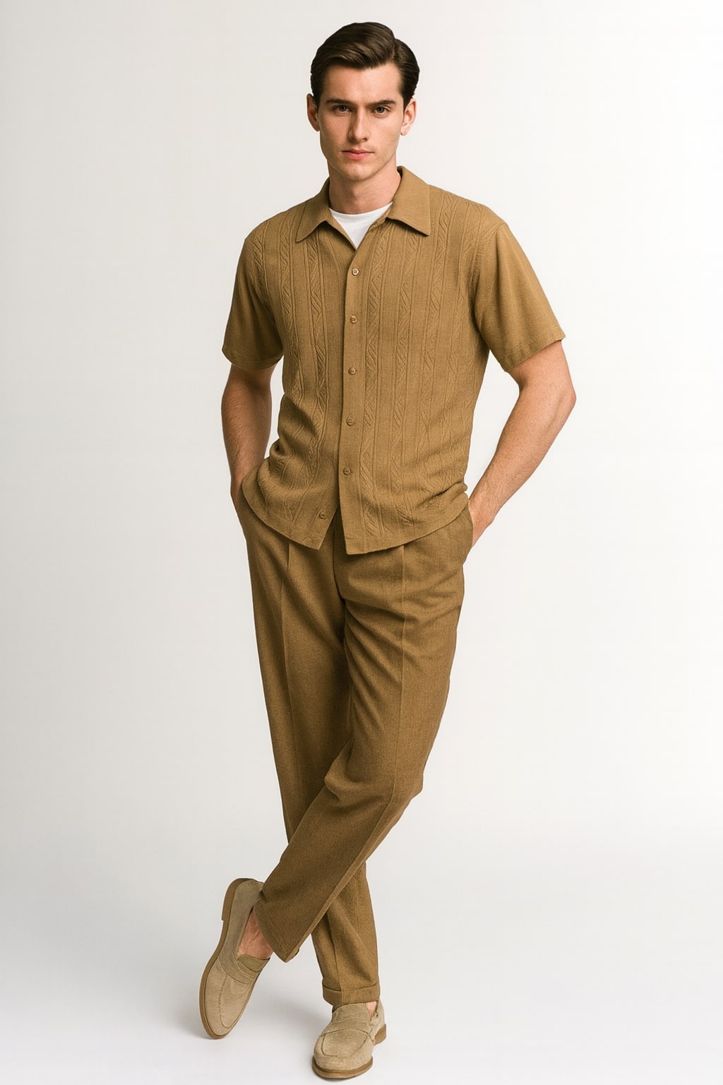 Mens Mocha Brown Short Sleeve Knit Walking Suit – Two-Piece Casual Button Down Set in Taupe Coffee Color - 34 Short or Extra Small