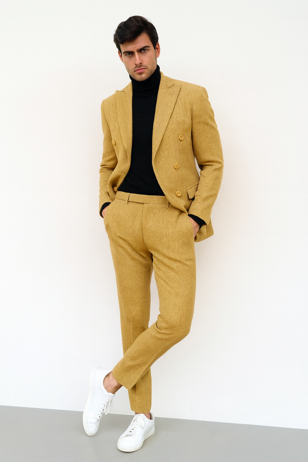 Men’s Gold Double Breasted Suit – Classic 1920s Camel Color Formal Slim Fit Suit - 34 Short or Extra Small