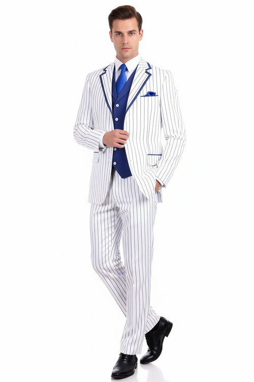 Mens White and Royal Blue Pinstripe 3-Piece Suit Classic Fit Blazer with Vest, Pants, and Tie