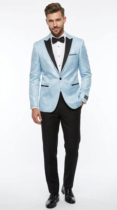 Mens Baby Blue Tuxedo Blazer with Black Lapel Formal Dinner Jacket for Wedding, Prom and Evening Events in Sky Light Blue Color