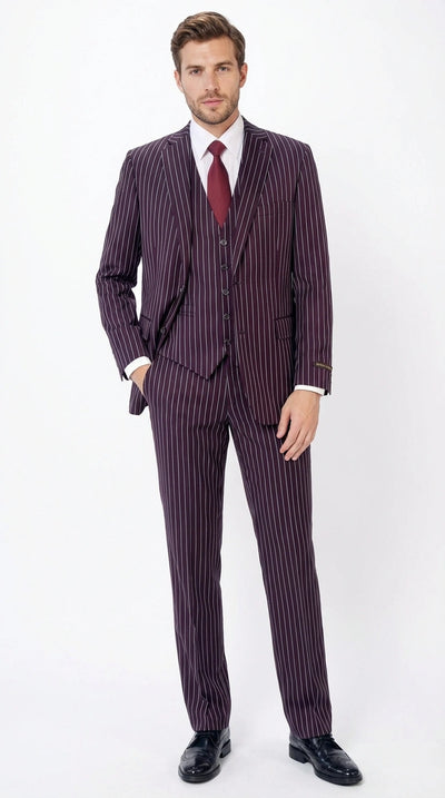 Mens Plum Eggplant Pinstripe 3 Piece Suit Burgundy Purple Formal Suit Gangster 1920s Mafia Pimp Suit