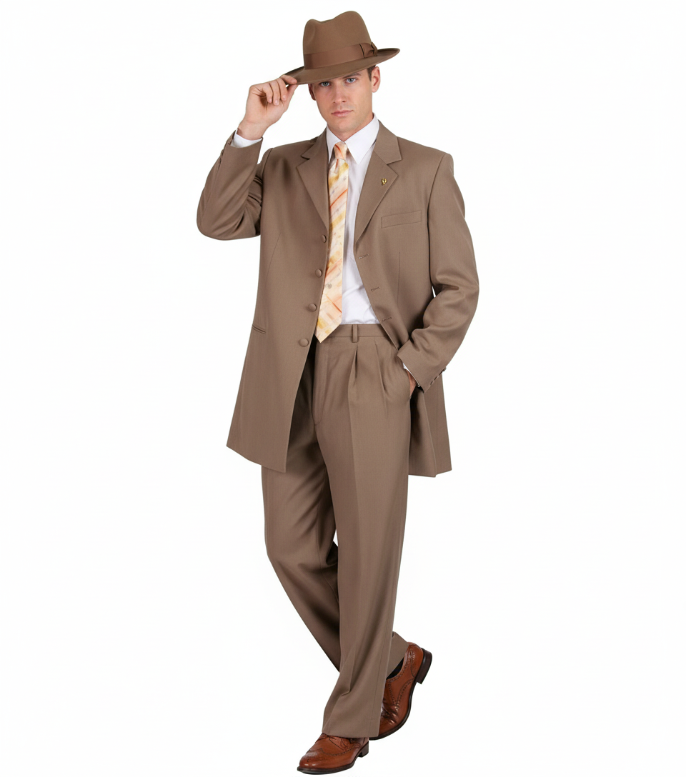 Mens 1920s Tan Zoot Suit with Fedora Hat and Wingtip Shoes Vintage Gangster 3-Piece Long Jacket Suit