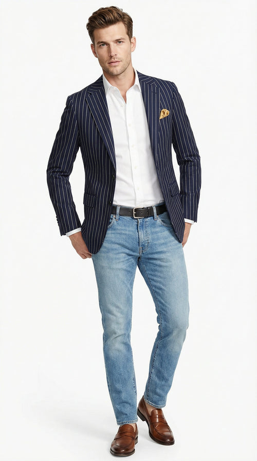 Mens Navy Blue Pinstripe Blazer Classic Tailored Formal Jacket for Business, Office and Smart Casual Wear