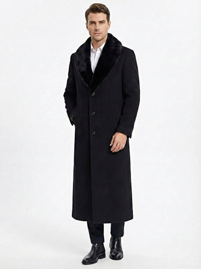 Mens Black Long Overcoat with Faux Fur Collar, Full Length Winter Topcoat for Formal and Business Wear