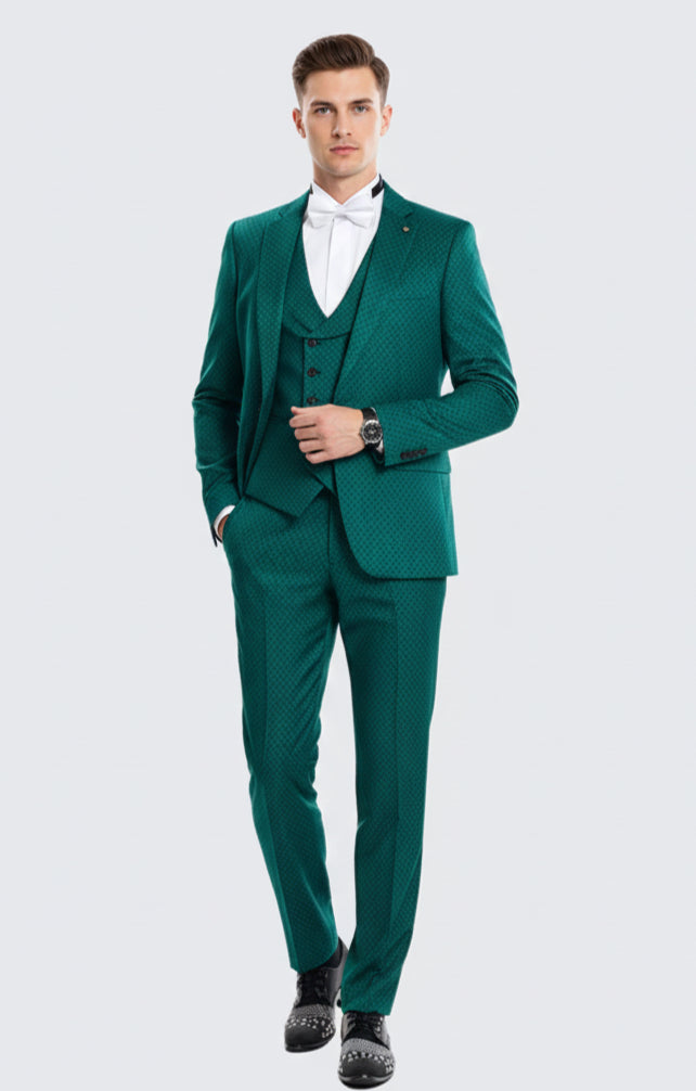 Mens Emerald Green Textured 3-Piece Suit Polk Dot Pattern Formal Wedding, Prom, and Evening Wear Outfit