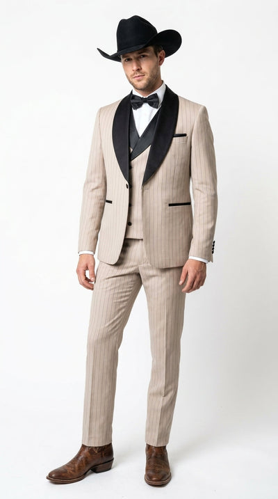 Men’s Beige Pinstripe Western 3 Piece Tuxedo Suit with Black Shawl Lapel, Formal Cowboy Wedding Prom Suit in Tan Khaki Color