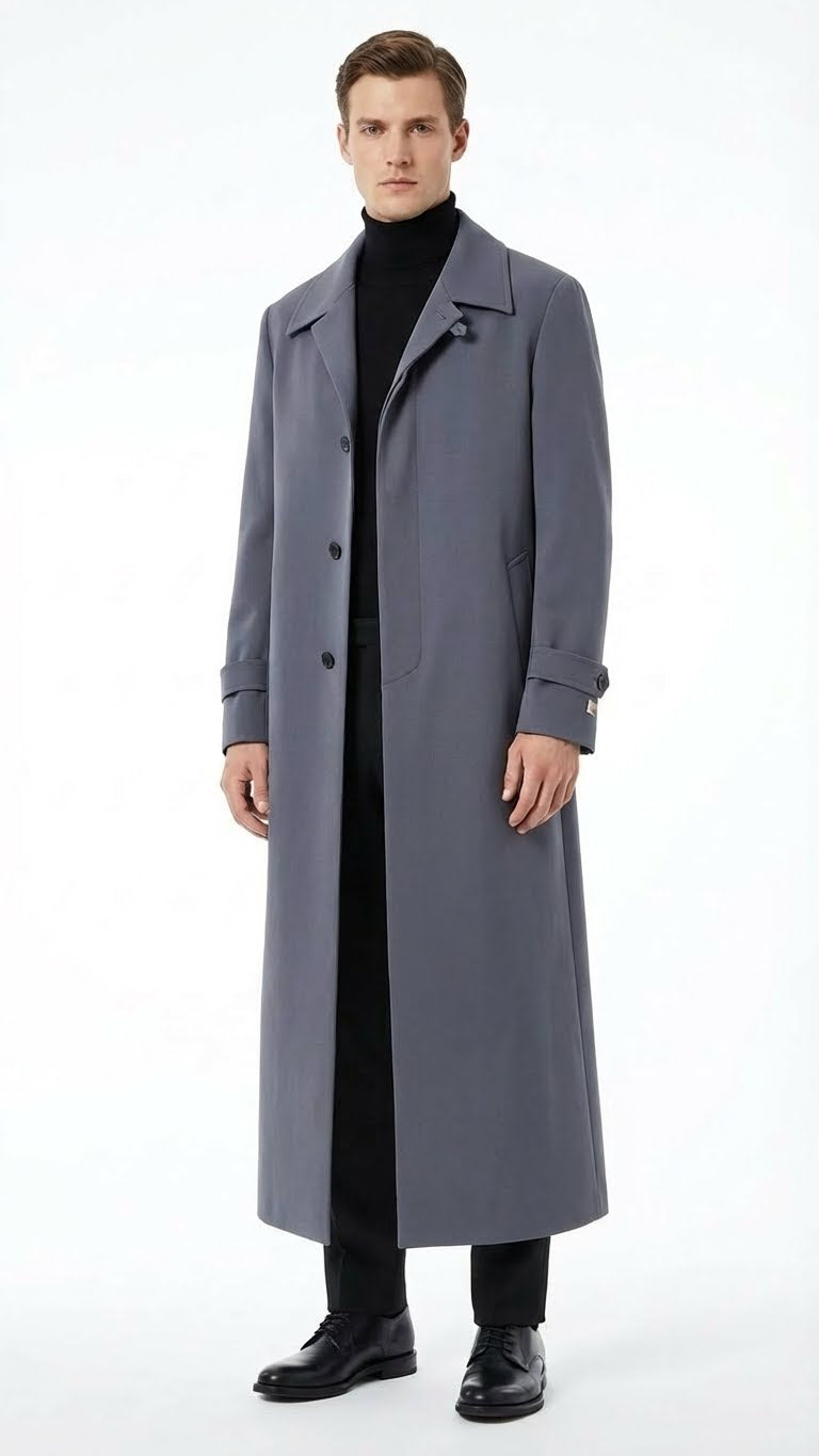 Mens Full-Length Charcoal Grey Overcoat Premium Microfiber Blend Long Dress Coat for Winter and Formal Wear in Gray Color