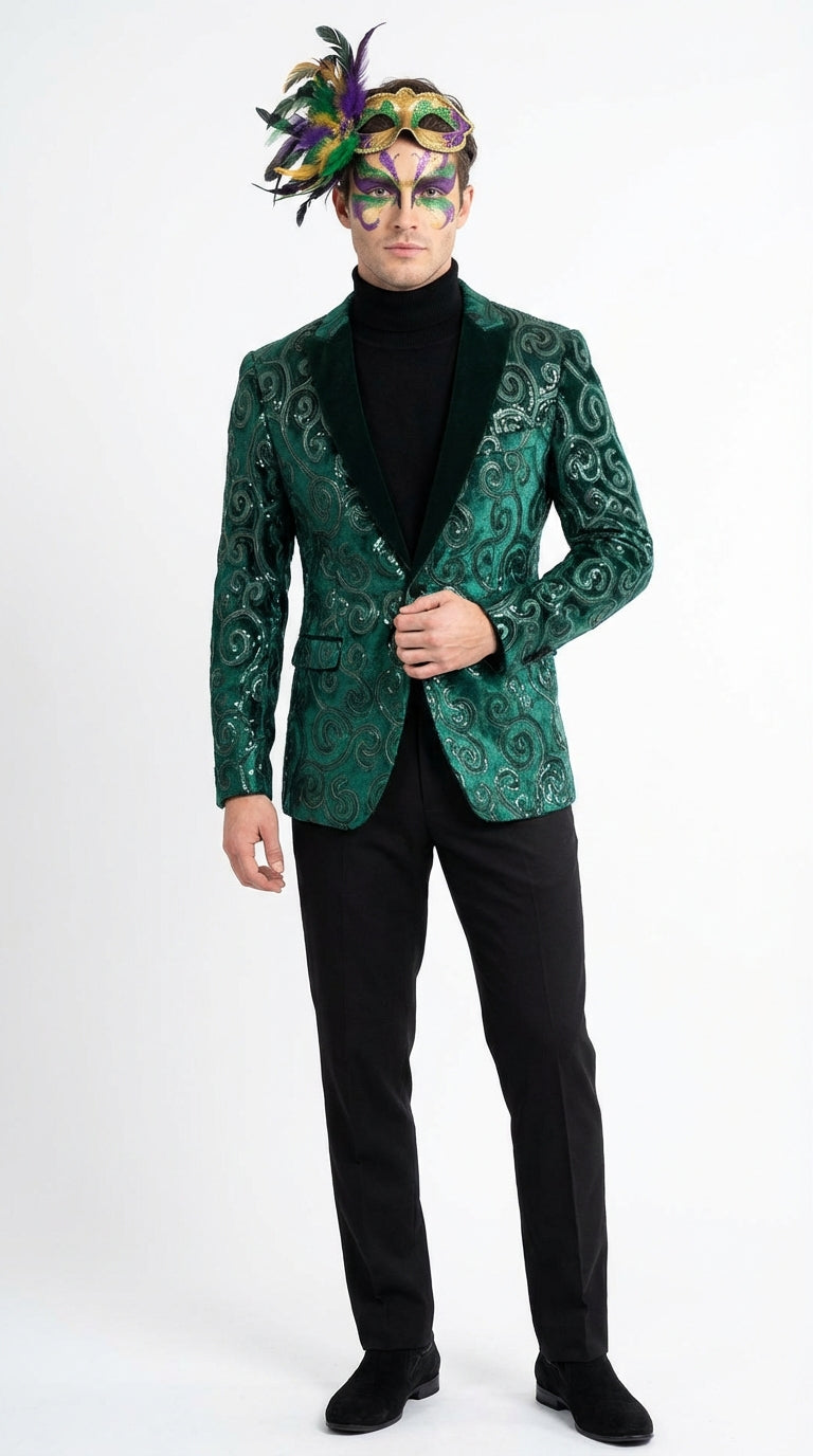 Mens Emerald Green Mardi Gras Blazer with Black Satin Lapel Paisley Swirl Pattern Formal Party Jacket
