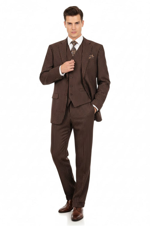 Mens Brown Pinstripe 3-Piece Suits Classic Business and Formal Wear with Vest