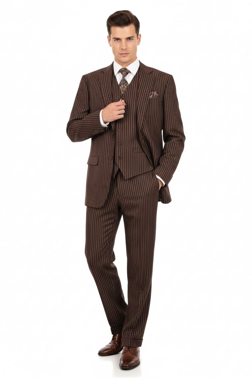 Mens Brown Pinstripe 3-Piece Suits Classic Business and Formal Wear with Vest