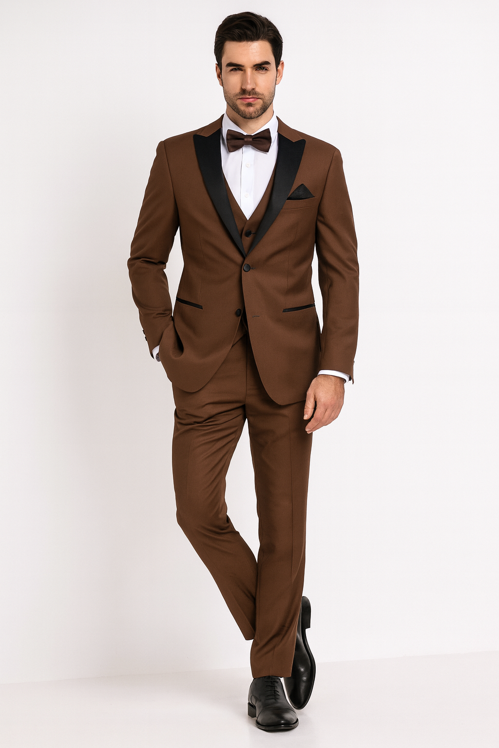 Men’s Light Brown Tuxedo Suit with Black Satin Lapel – 3 Piece Formal Wedding & Prom Outfit - Country Look - 34 Short or Extra Small